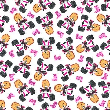 Seamless pattern vector of monster truck with little lion driver. Stock Illustration