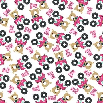 Seamless pattern vector of monster truck with little bear driver. 스톡 일러스트