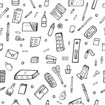 Seamless pattern of vector office supplies. Collection of stationery endless  Stock Illustration