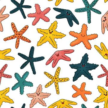 Seamless pattern of vector outline cartoon sea stars Starfish with eyes, smil Stock Illustration
