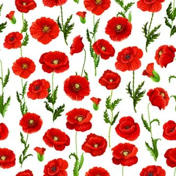 Seamless pattern of vector poppy flowers bunch Stock Illustration