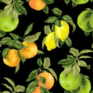 Seamless pattern  in vector realistic illustration with pomelo, orange, grape Stock Illustration