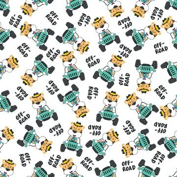 Seamless pattern vector of off road car with animal driver. Stock Illustration