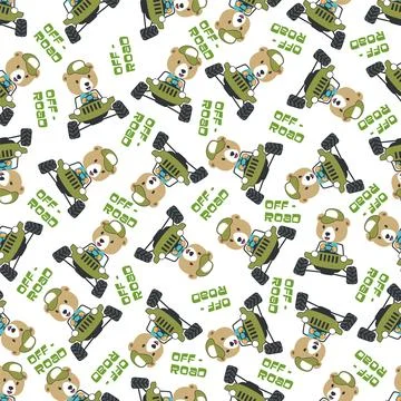 Seamless pattern vector of off road car with animal driver. Stock Illustration