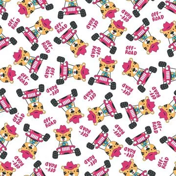 Seamless pattern vector of off road car with animal driver. Stock Illustration
