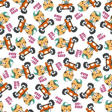 Seamless pattern vector of off road car with animal driver. Stock Illustration