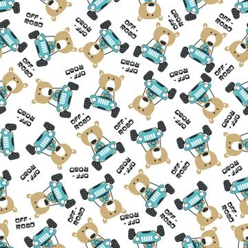 Seamless pattern vector of off road car with animal driver. Stock Illustration