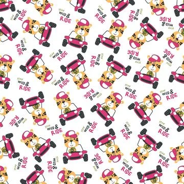 Seamless pattern vector of off road car with animal driver. Stock Illustration