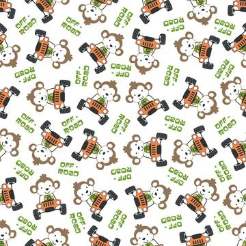 Seamless pattern vector of off road car with animal driver. Stock Illustration