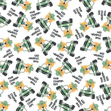 Seamless pattern vector of off road car with animal driver. Stock Illustration