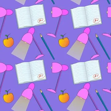 Seamless pattern with vector school desk lamps, notebooks, pencils, and apple Stock Illustration