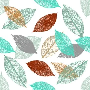 Seamless pattern of vector skeleton leaves in teal and rusty Illustrazione stock