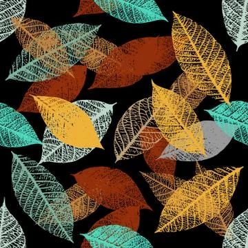 Seamless pattern of vector skeleton leaves on black background Illustrazione stock