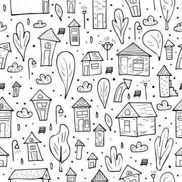 Seamless pattern of vector sketch houses, trees and clouds. Endless backgroun 스톡 일러스트