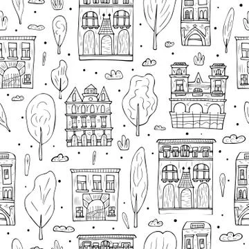 Seamless pattern of vector sketch houses, trees and clouds. Endless backgroun Stockillustratie