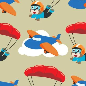 Seamless pattern vector with skydiver bear, parachute and planes. Stock Illustration