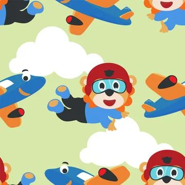 Seamless pattern vector with skydiver lion, parachute and planes イラスト素材