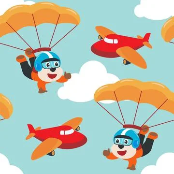 Seamless pattern vector with skydiver monkey, parachute and planes. 스톡 일러스트