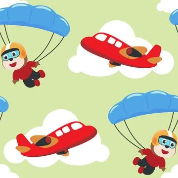 Seamless pattern vector with skydiver monkey, parachute and planes. Illustrazione stock