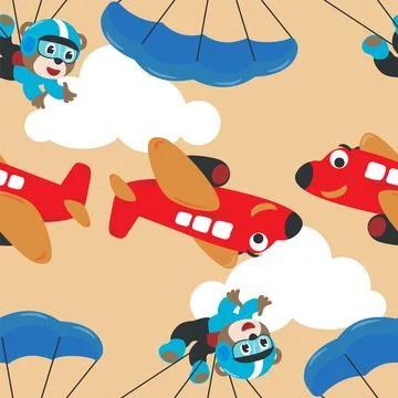 Seamless pattern vector with skydiver monkey, parachute and planes. 스톡 일러스트