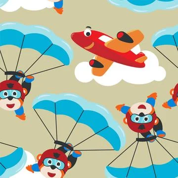 Seamless pattern vector with skydiver tiger, parachute and planes Stock Illustration