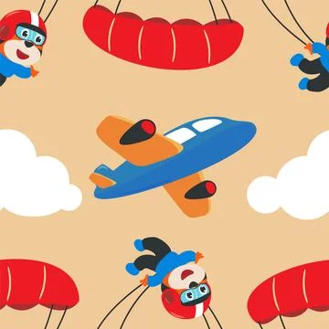 Seamless pattern vector with skydiver tiger, parachute and planes Stock Illustration