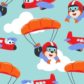 Seamless pattern vector with skydiver tiger, parachute and planes 스톡 일러스트