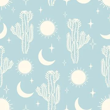 Seamless pattern vector summer cactus on desert with heavenly elements. 스톡 일러스트