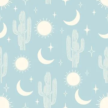 Seamless pattern vector summer cactus on desert with heavenly elements Stock Illustration