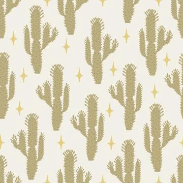 Seamless pattern vector summer saguaro cactus on desert with stars Stock Illustration