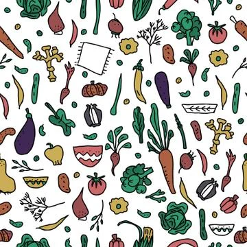 Seamless pattern of vector vegetables.  Endless background of veg in doodle s Stock Illustration