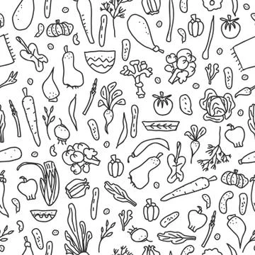 Seamless pattern of vector vegetables.  Endless background of veg in doodle s Stock Illustration