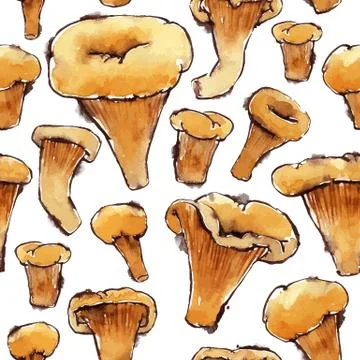 Seamless Pattern with Vector Watercolors Chanterelles イラスト素材