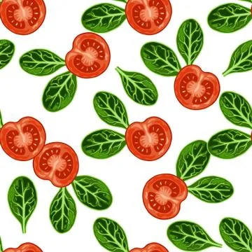 Seamless pattern with vegetable decoration: tomatoes and spinach Stock Illustration