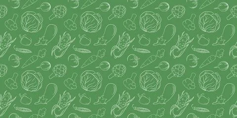 Seamless pattern with Vegetable in line art style on green background. Perfect Stock Illustration