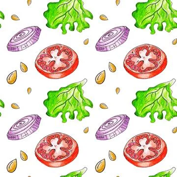 Seamless pattern with vegetable salad ingredients , on white background Stock Illustration