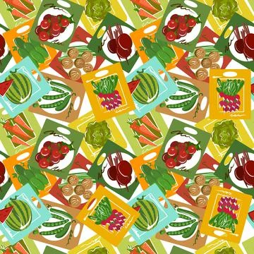 Seamless pattern. Vegetable seeds in a package. Spring background for planting Illustrazione stock