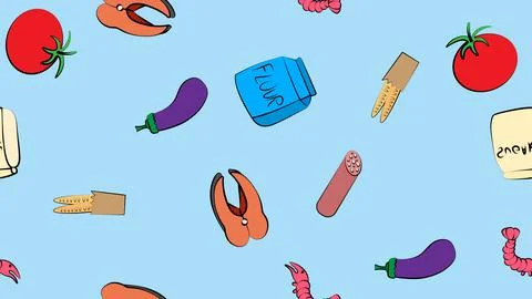 Seamless pattern vegetables and seafood eggplant shrimps salmon tomatoes deli Illustrazione stock