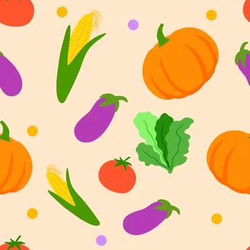 Seamless pattern with vegetables on beige background. Pattern with pumpkin, corn Stock Illustration