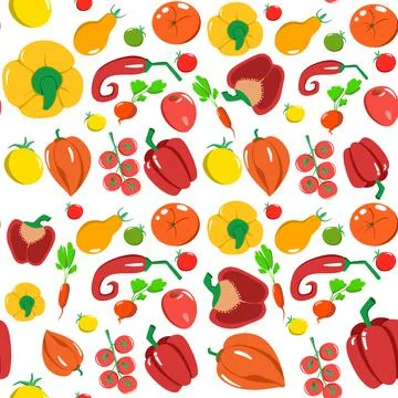 Seamless pattern with vegetables in a cartoon style. Vector texture. Flat icons Stock Illustration