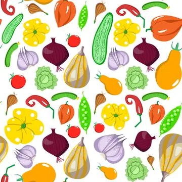 Seamless pattern with vegetables in a cartoon style. Vector texture. Flat icons Stock Illustration