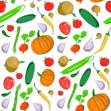 Seamless pattern with vegetables in a cartoon style. Vector texture. Flat icons Stock Illustration