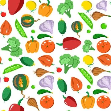 Seamless pattern with vegetables in a cartoon style. Vector texture. Flat icons Stock Illustration