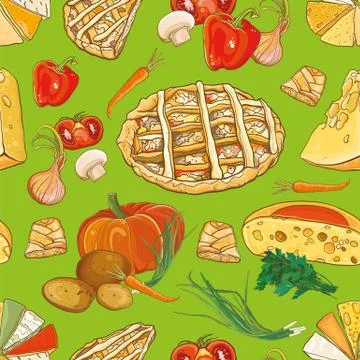 Seamless pattern with vegetables, cheese and pies イラスト素材