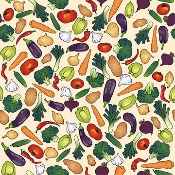 Seamless pattern vegetables  cucumber eggplant garlic onion pepper paprika po 스톡 일러스트