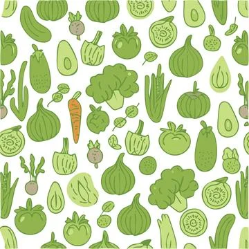 Seamless pattern with vegetables. Cucumber, pepper, onion, cucumber. Stock Illustration