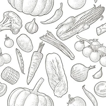 Seamless pattern vegetables. Cucumbers, Garlic, Corn, Pepper, Broccoli, Potat Stock Illustration