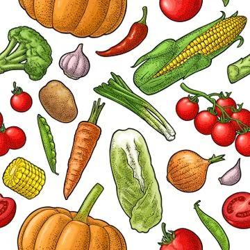 Seamless pattern vegetables. Cucumbers, Garlic, Corn, Pepper, Broccoli, Potat Illustrazione stock