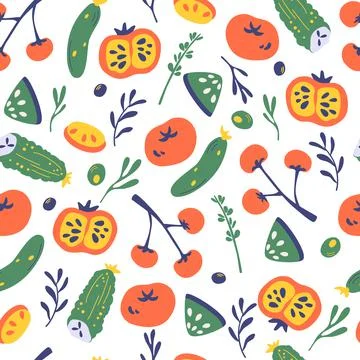Seamless pattern with vegetables. Cucumbers, tomatoes on branches, dill, herb Stock Illustration