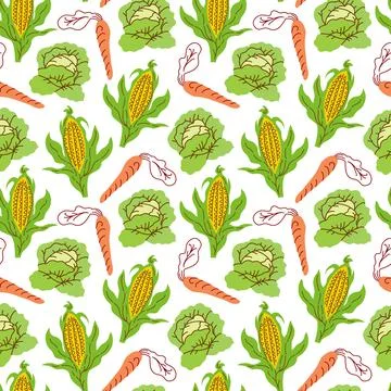 Seamless pattern vegetables with elements of corn, carrots, cabbage. Vector i Stock Illustration